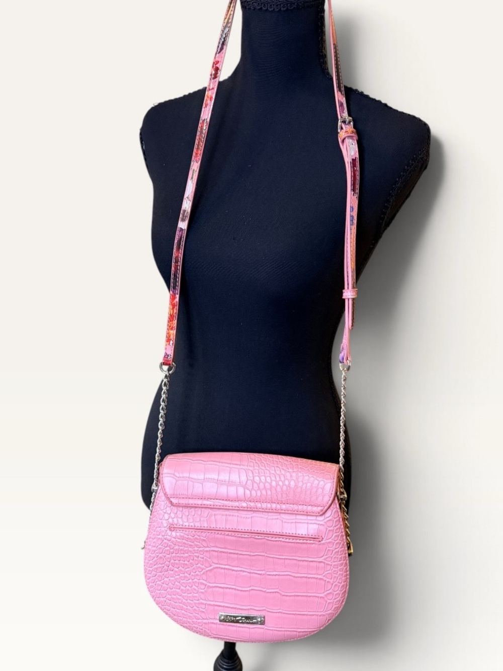 Betsey Johnson Pink Croc-Embossed Heart Lock Crossbody Purse